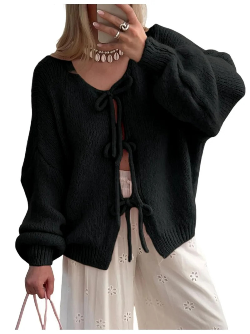 Women's Tie Front Bow Cardigan Sweaters Oversized Chunky Long Sleeve Open Front Knit Sweater Tops | Walmart (US)