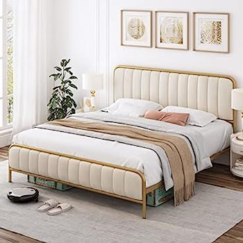 HITHOS Queen Size Bed Frame, Upholstered Bed Frame with Button Tufted Headboard, Heavy Duty Metal... | Amazon (US)