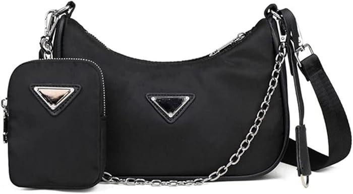Women messenger chain shoulder bag nylon armpit dumpling bag (Black) | Amazon (US)