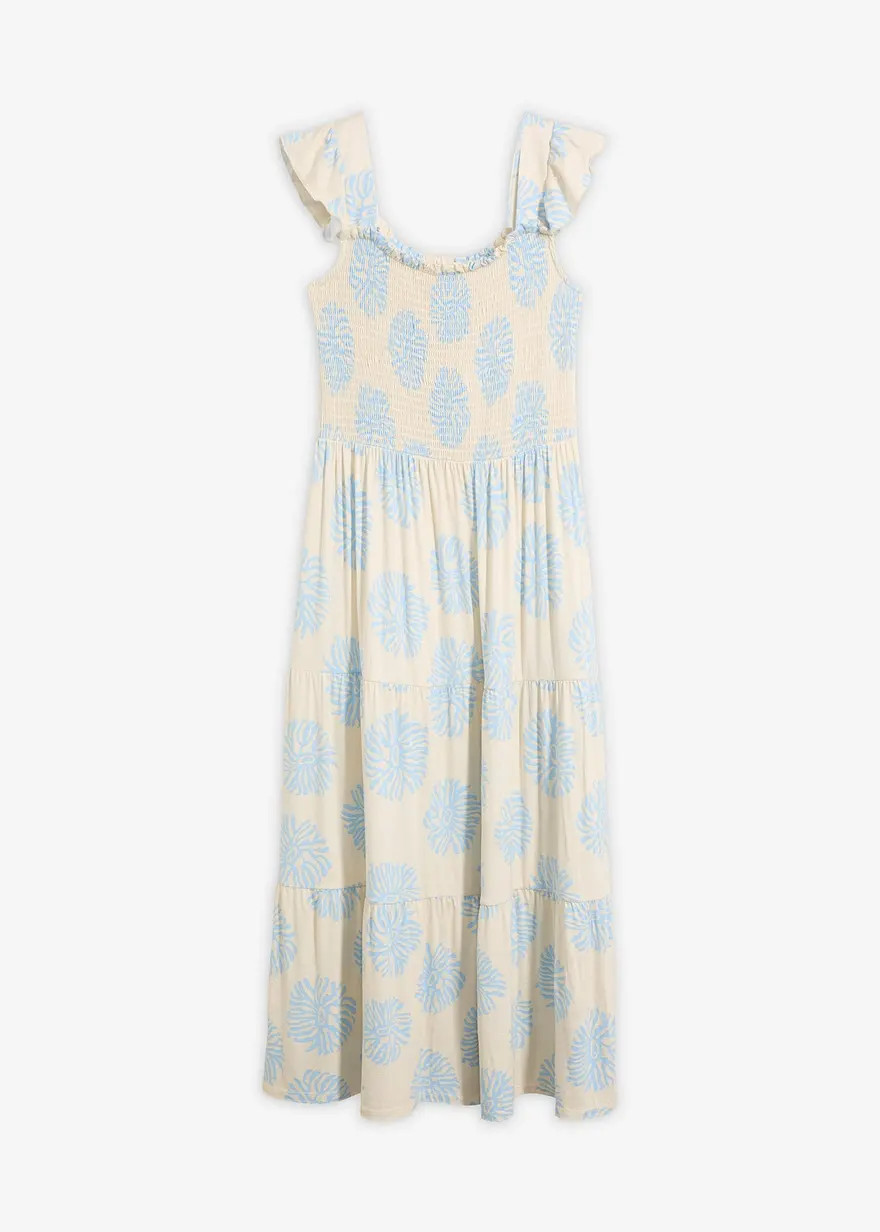 sommerliches Jerseykleid in Midil\u00e4nge aus softem Viskose-Mix mit Smok am Oberteil | Bonprix DE