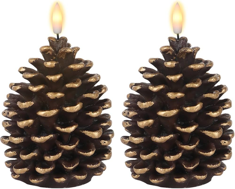 DRomance Flameless Pinecone Candles Battery Operated with 6 Hour Timer Set of 2 Real Brown Wax 3D... | Amazon (US)