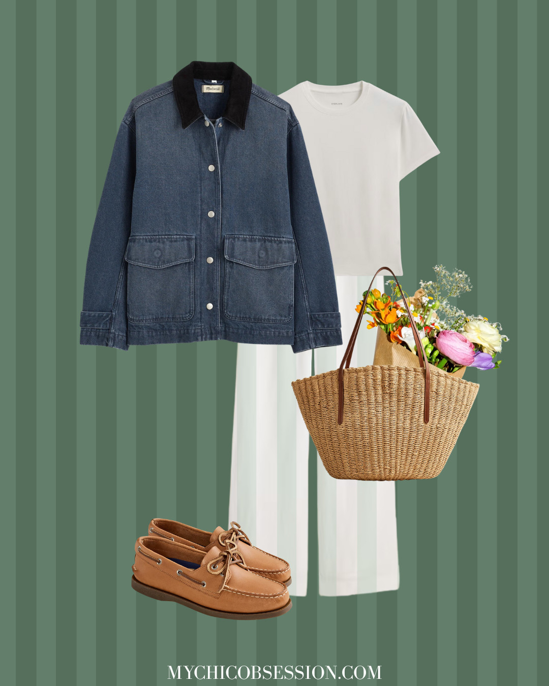 Style a fall outfit for the farmer's market  with a classic white t-shirt from Everlane, white linen pants, a denim chore jacket, boat shoes, and of course, a straw tote bag. 

 #LTKSeasonal #LTKShoeCrush #LTKItBag