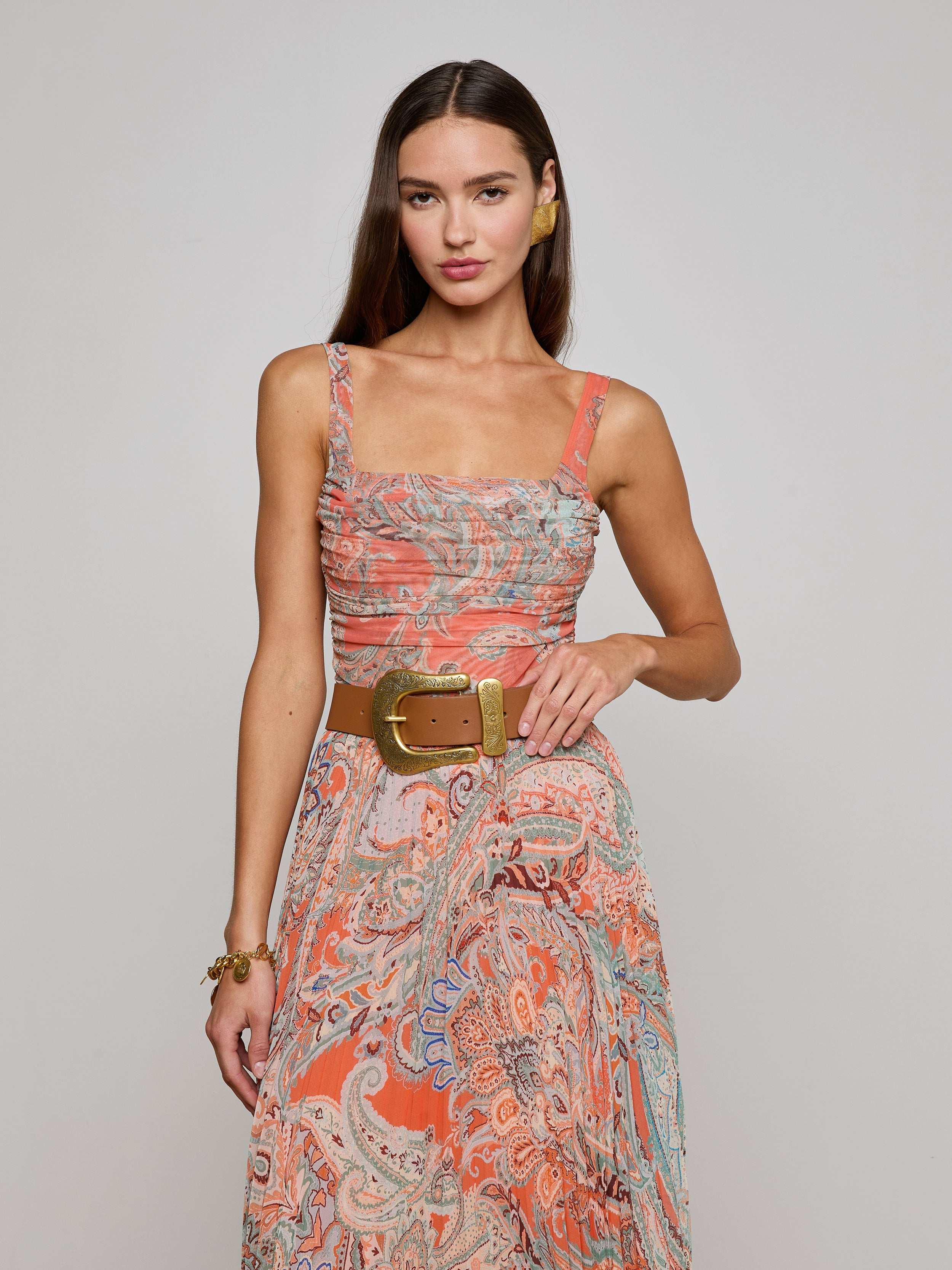 Rasha Mesh Paisley Tank in Orange/Light Blue Paisley Print | L'AGENCE | L'Agence