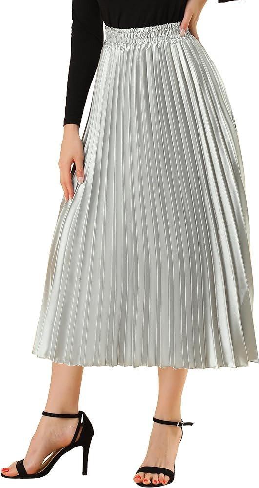 Women's Elastic Waist Party Metallic Shiny Accordion Pleated Midi Skirt | Amazon (US)