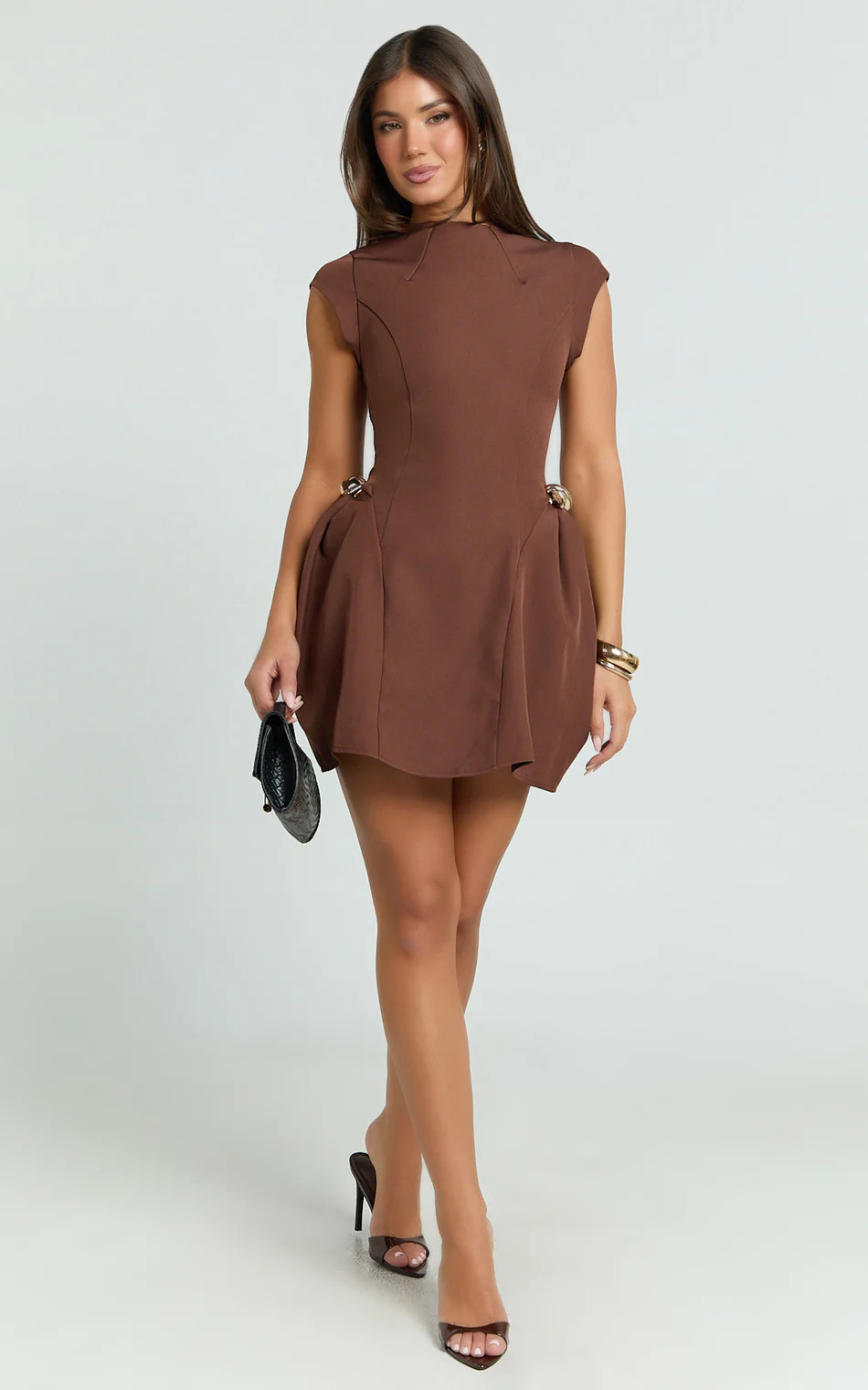 Charlita Mini Dress - Structured Dress with Hardware Detail in Brown | Showpo (US, UK & Europe)