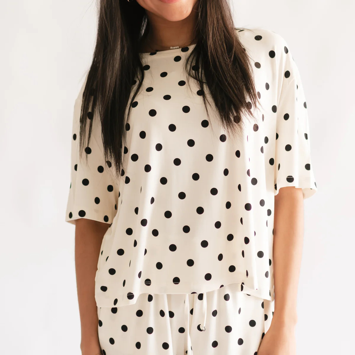 Women's Ruffle Short Set in Cream & Black polka dots | Silks Design