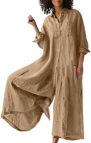 CHARTOU Women Linen Button Down Long Sleeve Wide Leg Jumpsuit Beach Palazzo Pants One Piece Jumps... | Amazon (US)