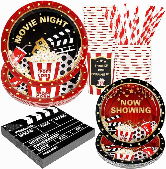 Recheel Movie Night Party Supplies Decorations, Movie Theme Birthday Paper Plates and Napkins Set... | Amazon (US)
