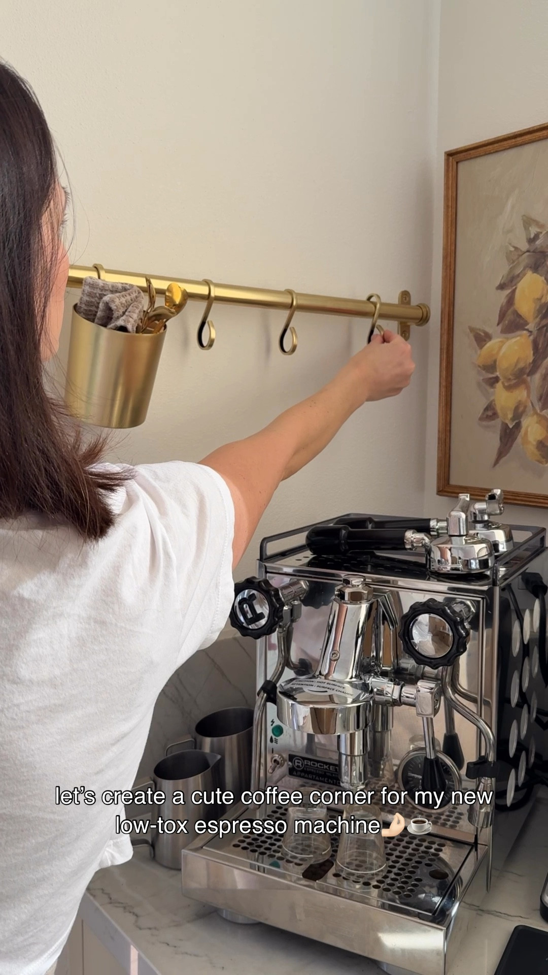 LOW-TOX \ styling a cute coffee corner for my new low-tox espresso machine!☕️ It took forever to find a machine with the least amount of plastic as possible AND specially not being heated up. We landed on this stainless steel and copper beauty! Definitely a splurge item in our kitchen. If you want an affordable coffee maker option, opt for a stainless steel French press☕️ LOVE the rail system to hang coffee mugs and mini basket along with new $32 lemon art from Target🍋🍋 A great little refresh for spring!🙋🏻‍♀️

Wellness
Non-toxic 
Home decor

#LTKHome #LTKWatchNow