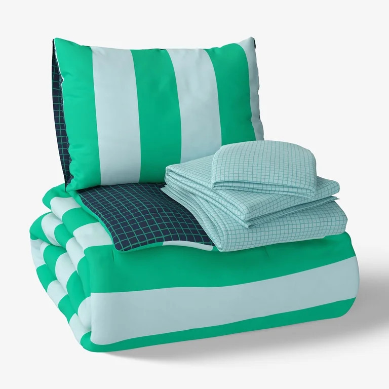 Mainstays Kids Green and Blue Stripe Reversible Comforter Set with Sheets, Twin, 5 Pieces | Walmart (US)