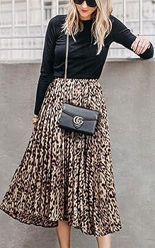 Womens Skirt Leopard Print Midi Long Shirring Skirts High Waisted A Line Skirts | Amazon (US)