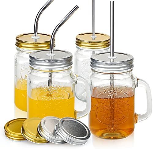 Mason jars with handle, Set of 4 Mason Drinking Mug with Lids & Straws, 16 OZ, With 4 Straw Hole Lid | Amazon (US)