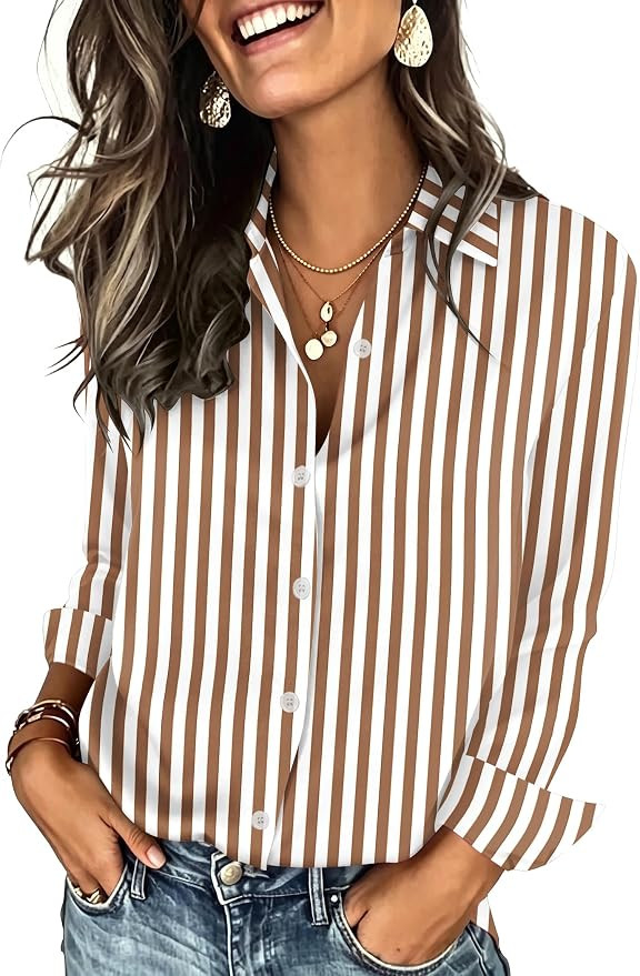 Zeagoo Button Down Shirts for Women Long Sleeve Tops Striped Solid Blouses | Collared V Neck Shir... | Amazon (US)
