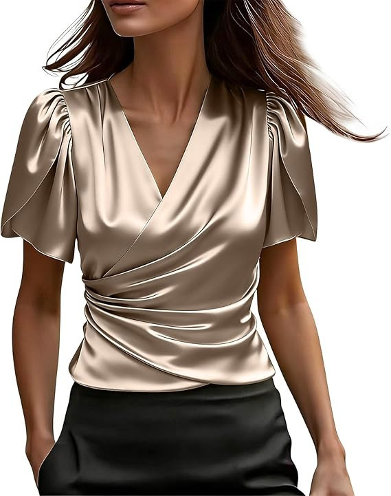 Womens Satin Silk Blouse Dressy Casual Business Short Puff Sleeve Tops Summer V Neck Wrap Ruched ... | Amazon (US)