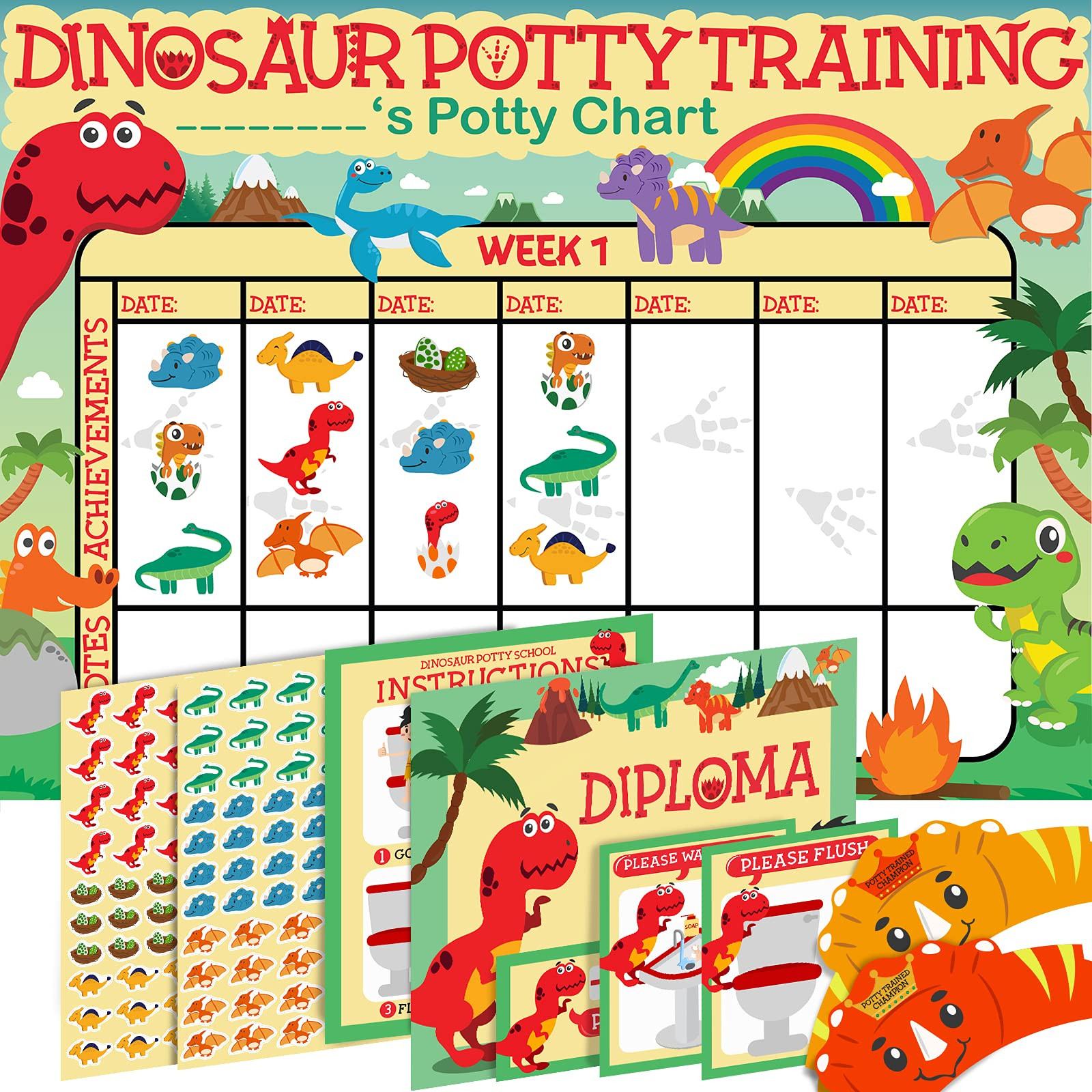 Potty Training Chart for Toddlers, Dinosaur Design Reward Chart - 194 Cool Stickers, 2 Fun Crowns... | Amazon (US)
