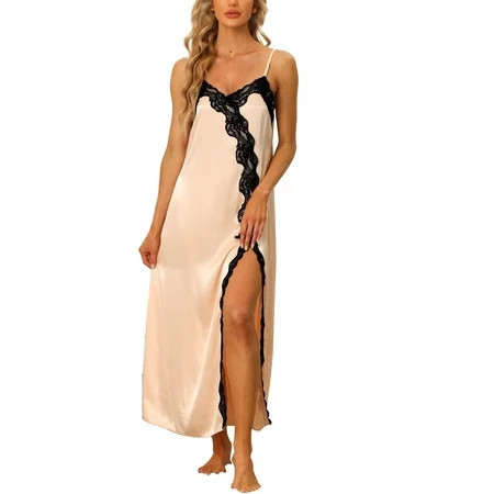 Unique Bargains Womens Satin Nightgown Lace Cami Dress Maxi Long Gown Pajama Nightwear L Champagne | Walmart (US)