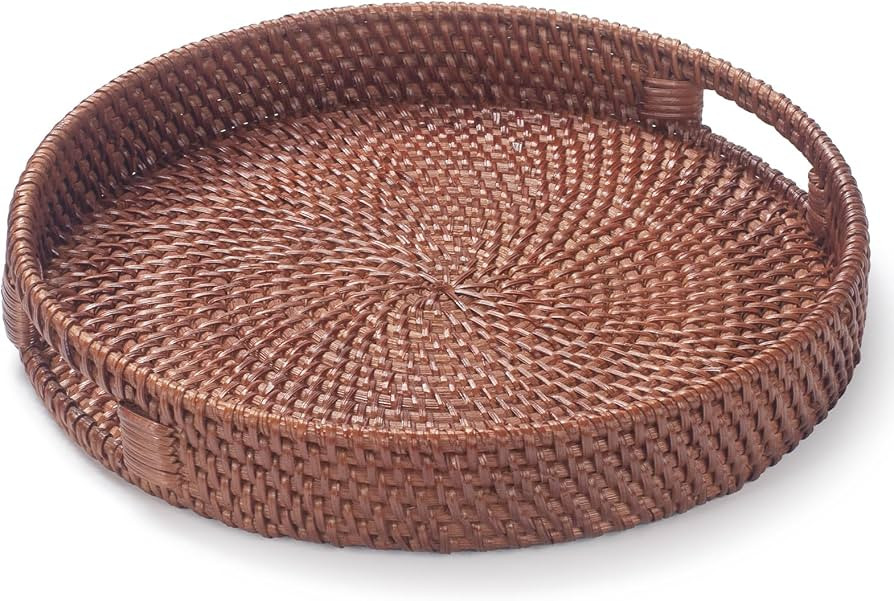 11.8 inch Round Rattan Tray, Decorative Coffee Table Tray, Ottoman Trays, Woven Serving Trays wit... | Amazon (US)