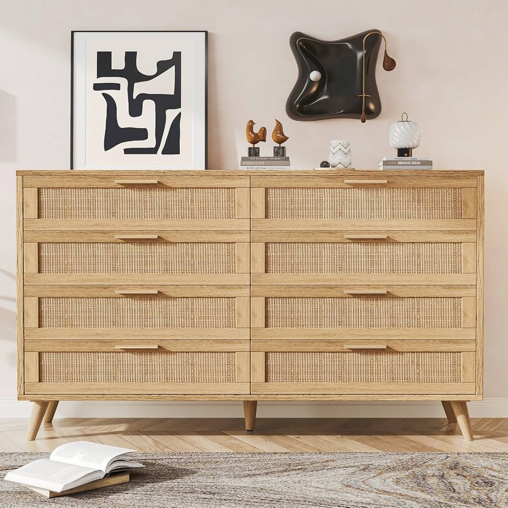 Rovaurx 8 Drawer Double Dresser for Bedroom, Rattan Chest of Dressers, Modern Wooden Dresser Ches... | Amazon (US)