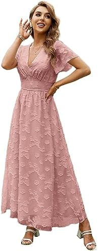 Simplee Women's Boho Floral Maxi Dress Flowy Casual V Neck Short Sleeve Wedding Guest Holiday Bea... | Amazon (US)