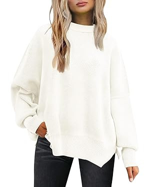 LILLUSORY Women's Crewneck Batwing Long Sleeve Sweater 2023 Fall Oversized Ribbed Knit Side Slit ... | Amazon (US)