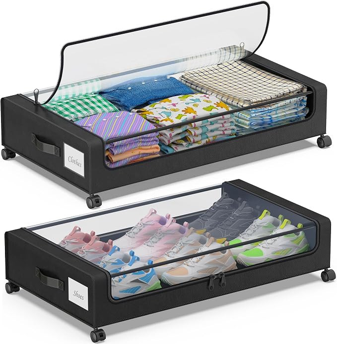 Under Bed Storage with Wheels, 2-Pack Under Bed Storage Containers with Clear Lids, XXL 60L Under... | Amazon (US)