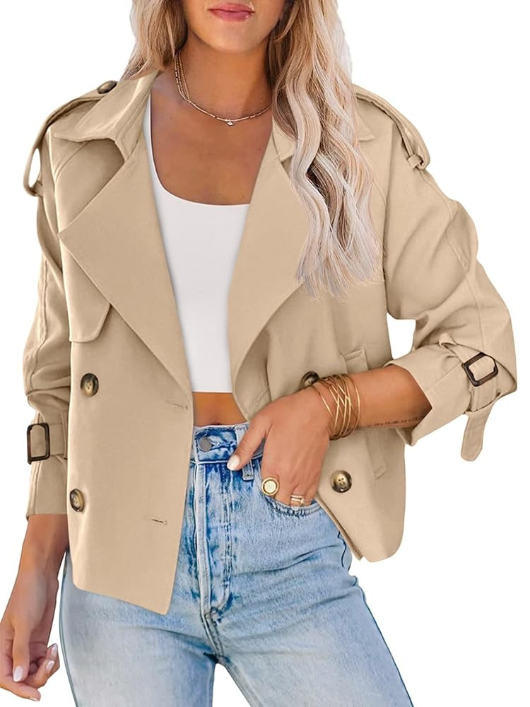 Saodimallsu Women Crop Double Breasted Trench Coat Raglan Sleeve Work Office Cropped Jacket With ... | Amazon (US)