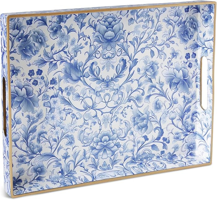Serving Tray with Handles, Rectangular Plastic Tray 15.75x11.81 Inch, Blue and White Peony Chines... | Amazon (US)