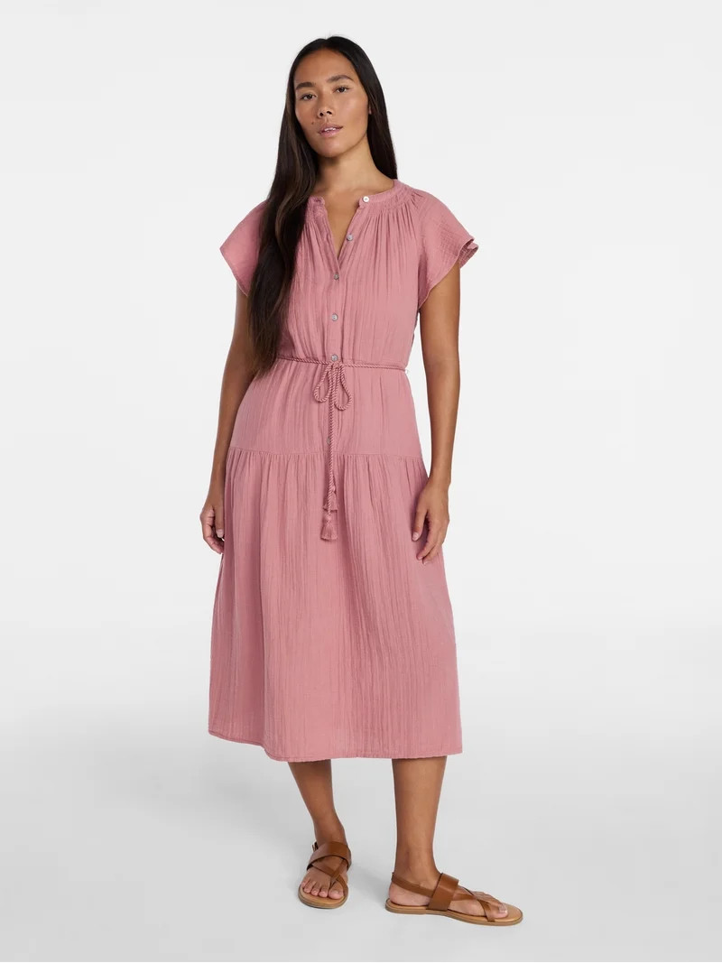 Time and Tru Women's Cotton Double Cloth Midi Dress with Short Flutter Sleeves, Sizes XS-XXXL | Walmart (US)