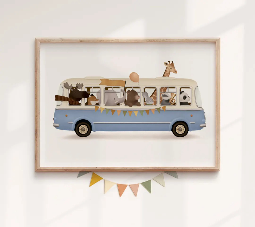 Woodland Animal Nursery Print, Blue Bus Kids Wall Art, Whimsical Baby Room Decor | Etsy (US)