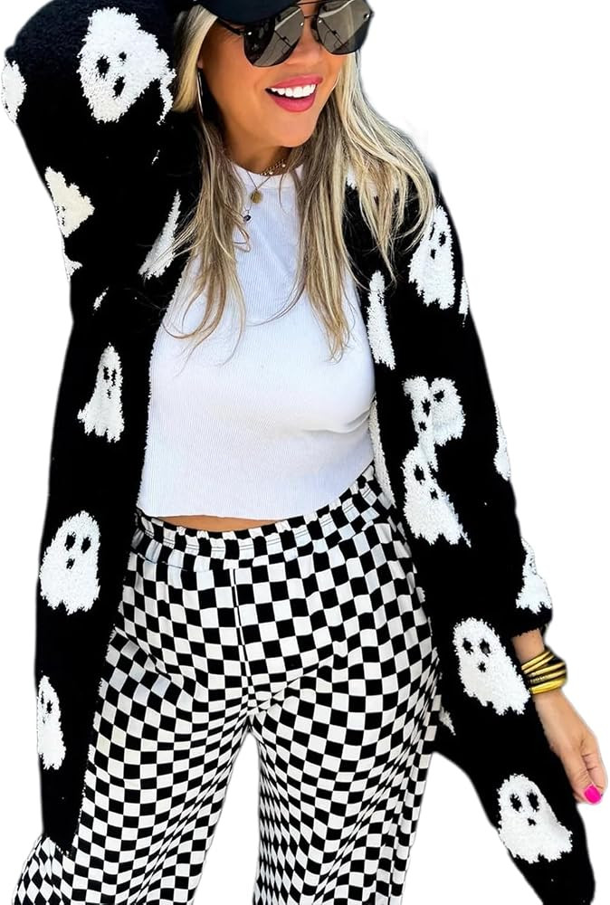 Women's Halloween Ghost Pattern Cardigan Long Sleeve Open Front Fuzzy Fluffy Outwear Coats | Amazon (US)