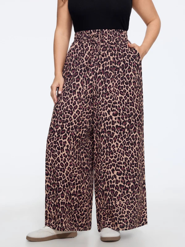 Leopard Print Elastic Waist Wide Leg Pants | Bloomchic