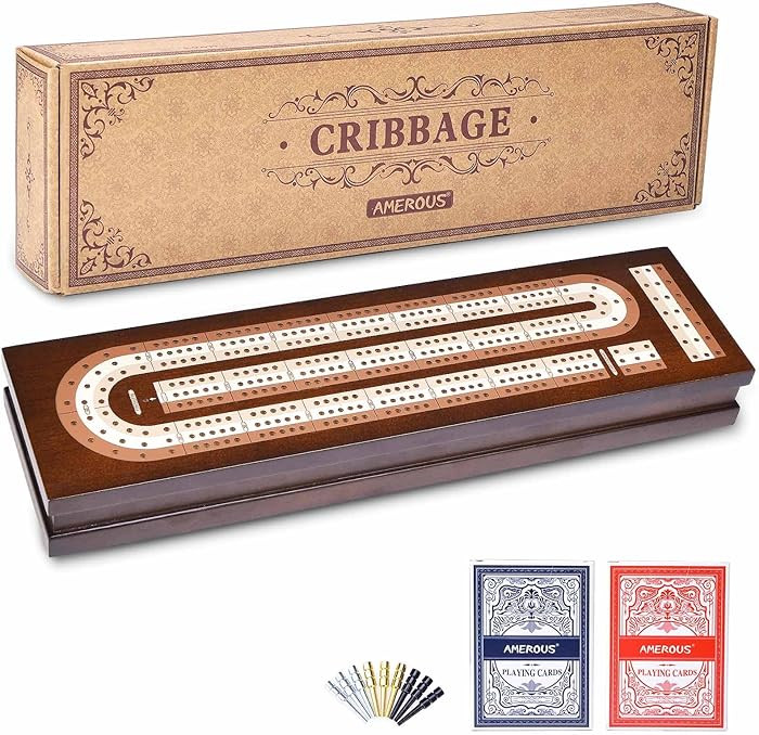 AMEROUS Wooden Cribbage Board Game Set with Magnetic Lock - Metal Pegs - 2 Playing Cards - Contin... | Amazon (US)
