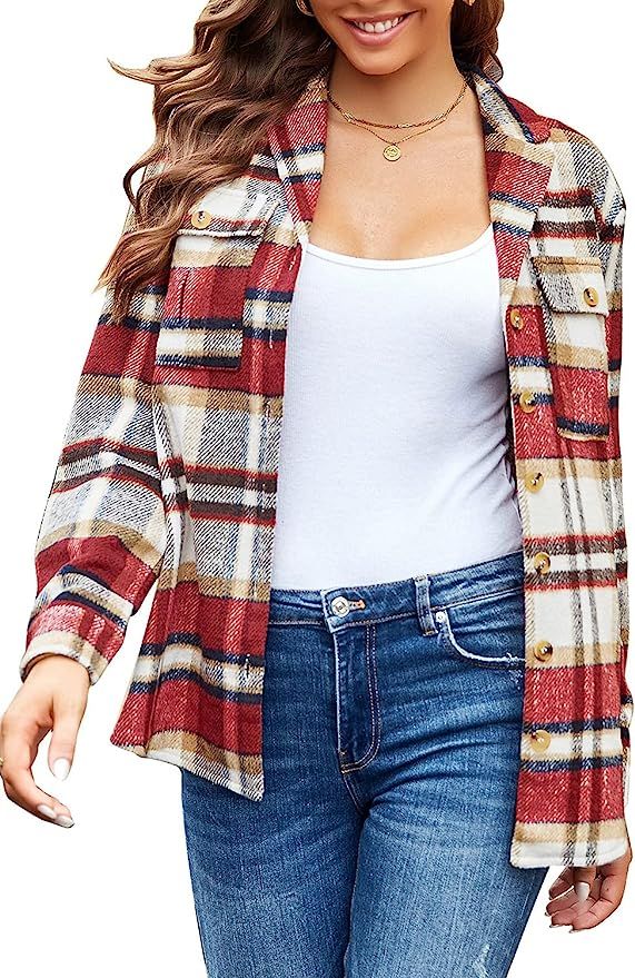 GRAPENT Women's Casual Oversized Boyfriend Plaid Button Down Roll-up Long Sleeve Shirt Shacket Ja... | Amazon (US)