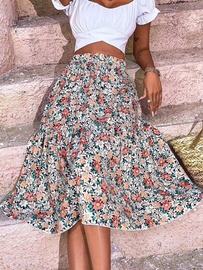 Allover Floral Print Ruffle Hem Skirt | SHEIN