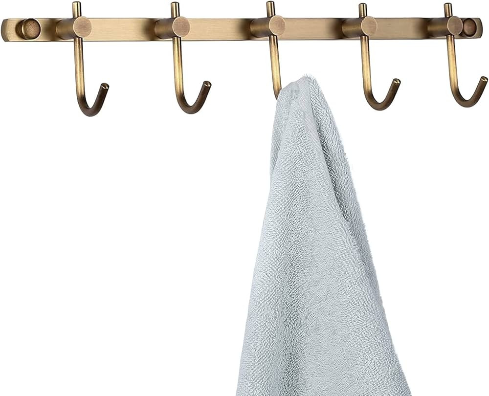 WINCASE Brass Towel Hook Rack, Brushed Brass Wall Hook Rail, Antique Coat Hook Rail Hanger 5 Hook... | Amazon (US)