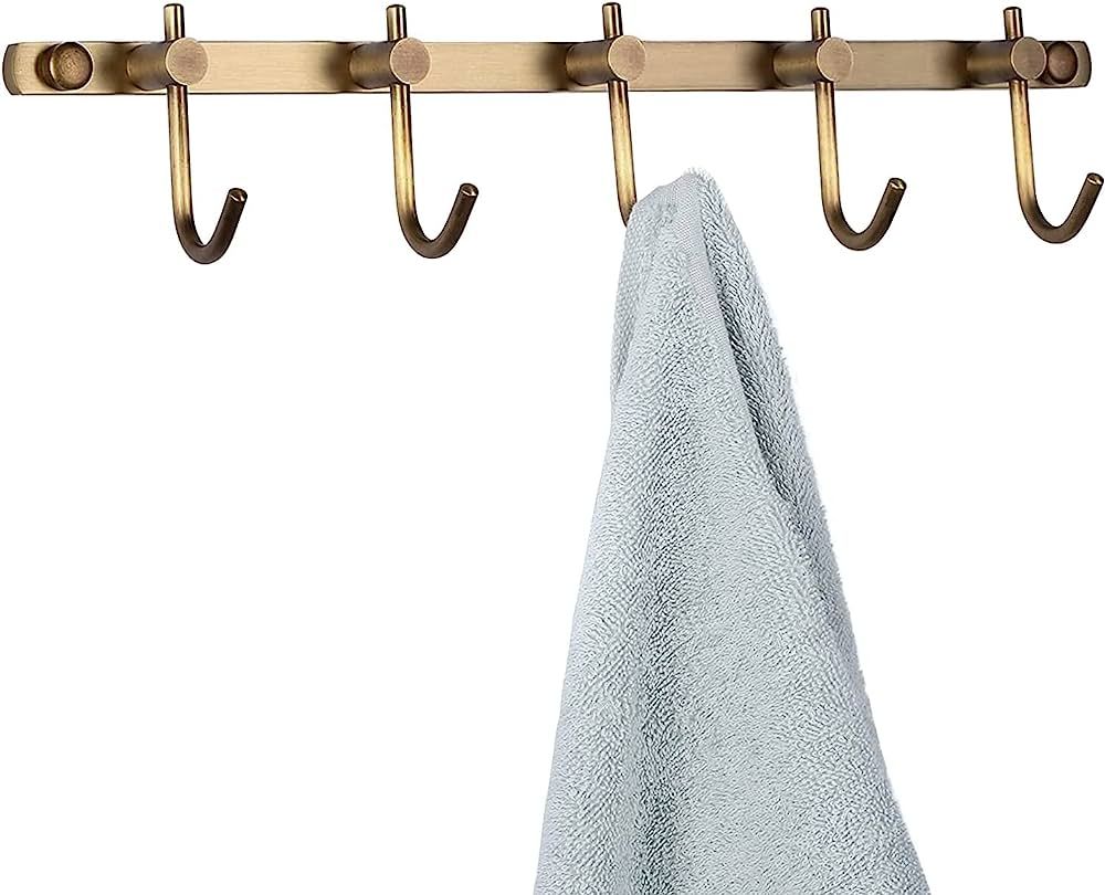WINCASE Brass Towel Hook Rack, Brushed Brass Wall Hook Rail, Antique Coat Hook Rail Hanger 5 Hook... | Amazon (US)