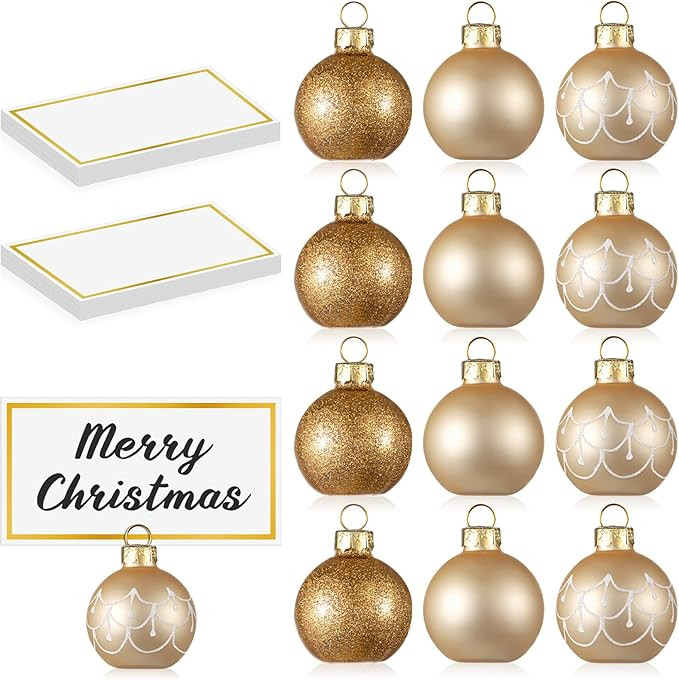 Civaner 12 Pcs Christmas Ornament Place Card Holders and Name Cards Set Gold Glass Ball Table Num... | Amazon (US)
