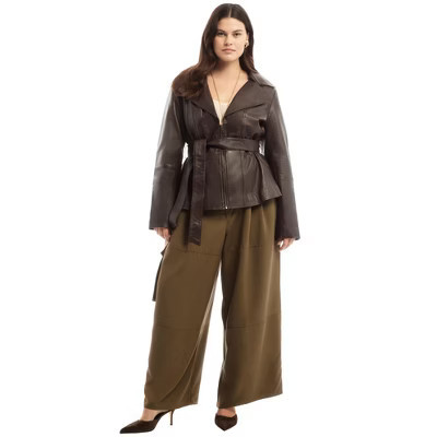 June & Vie High-Low Belted Leather Jacket - 10/12, Chocolate Plum | Target