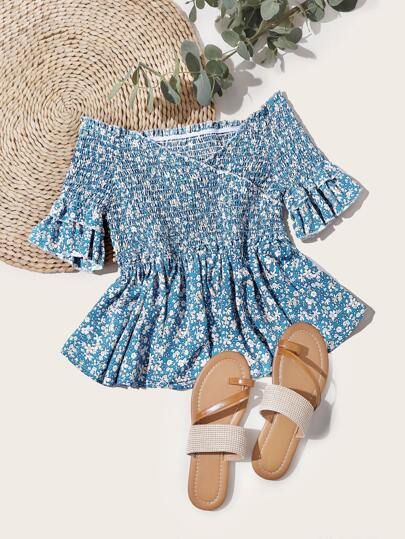 Ditsy Floral Surplice Front Shirred Peplum Top | SHEIN