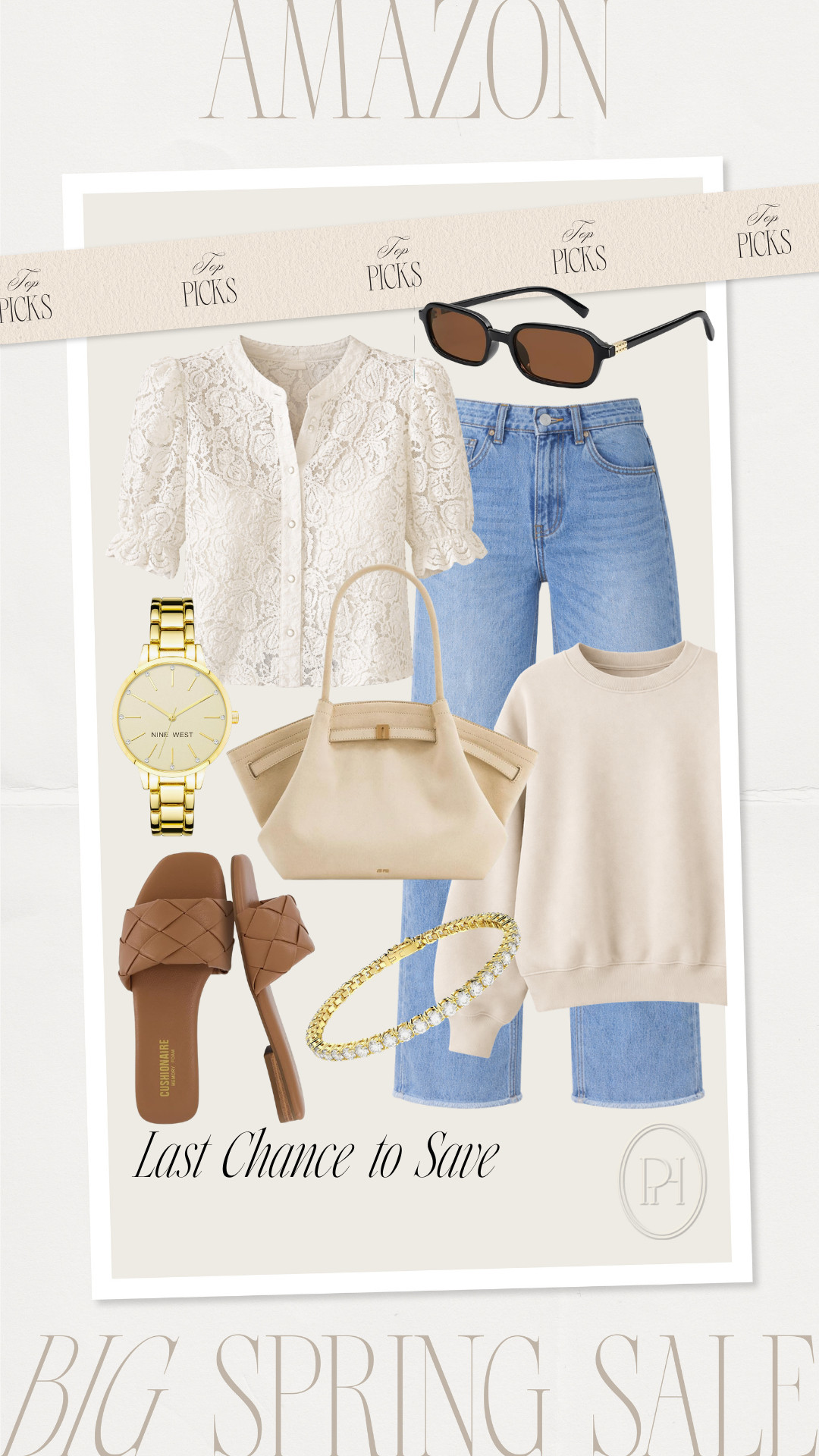 Snag these Amazon style finds on the last day of the Big Spring Sale!

spring style, spring fashion, spring looks, spring outfit, white blouse, brown sandals, slides, summer shoes, spring shoes, crewneck sweatshirt, matching set, loungewear, tennis bracelet, gold watch, women's watch, oval sunglasses, suede handbag, neutral handbag, neutral fashion, wide leg jeans, medium wash jeans, flared jeans 

 #LTKgrwm #LTKootd #LTKSaleAlert