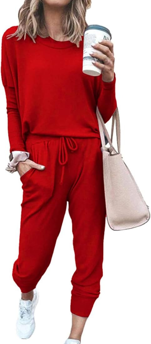 Amazon.com: PRETTYGARDEN Women's Fall 2 Piece Lounge Outfit Long Sleeve Crewneck Pullover Tops Hi... | Amazon (US)