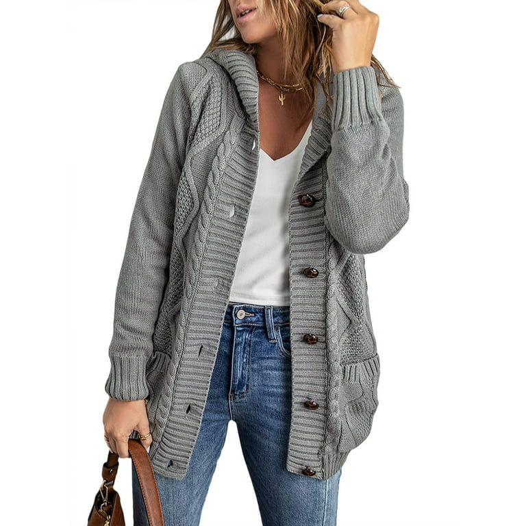 Eytino Hooded Cardigan Sweaters for Women Fleece Lined Sweater Button Down Front Winter Coat | Walmart (US)