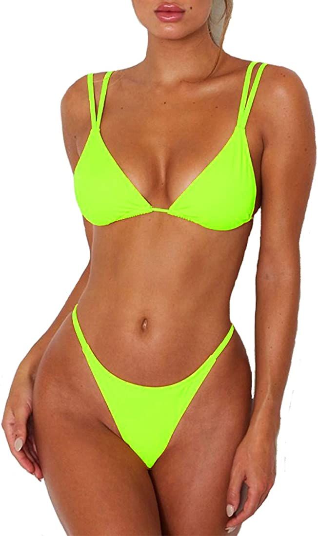 ForBeautyShe Women's Sexy Thong Bottom Two Piece Bikini Double Shoulder Straps Cute Swimsuit Tria... | Amazon (US)