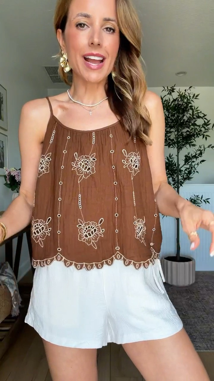 New summer arrivals at Target! I love this embroidered cami top - wearing XS. Could size down. Wearing XS in wrinkle resistant shorts. Neutral outfit. Summer outfit. Vacation outfit. Elevated casual outfit. Mom outfit. Casual outfit.

#LTKootd #LTKgrwm #LTKTravel