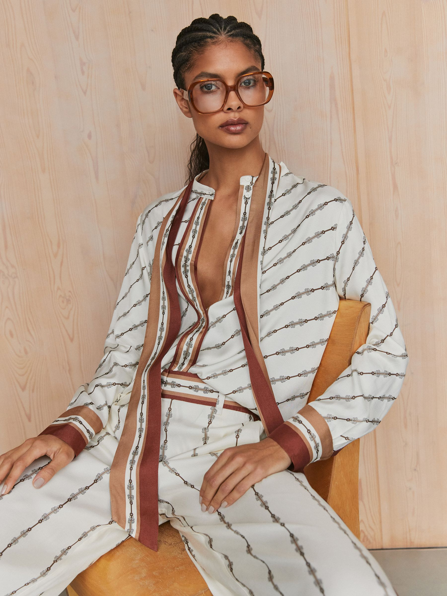 Reiss Chain-Print Tie-Neck Shirt in Ivory | REISS | Reiss US