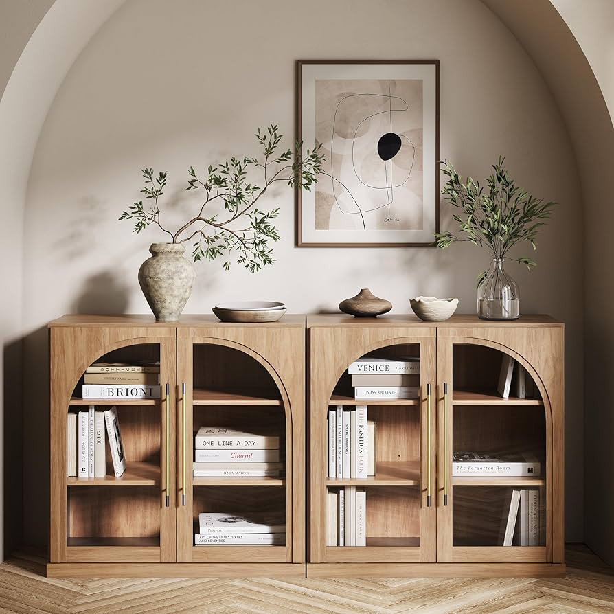 BELLEZE Set of 2 Modular Sideboard with Arched Glass Door, Accent Display Buffet Cabinet with Sto... | Amazon (US)