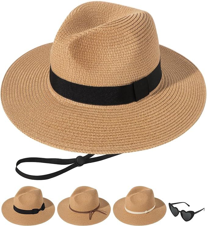 Sun Hats for Women Straw Panama Hat Wide Brim Fedora Beach Hat Packable UV UPF 50+ Summer Hat | Amazon (US)