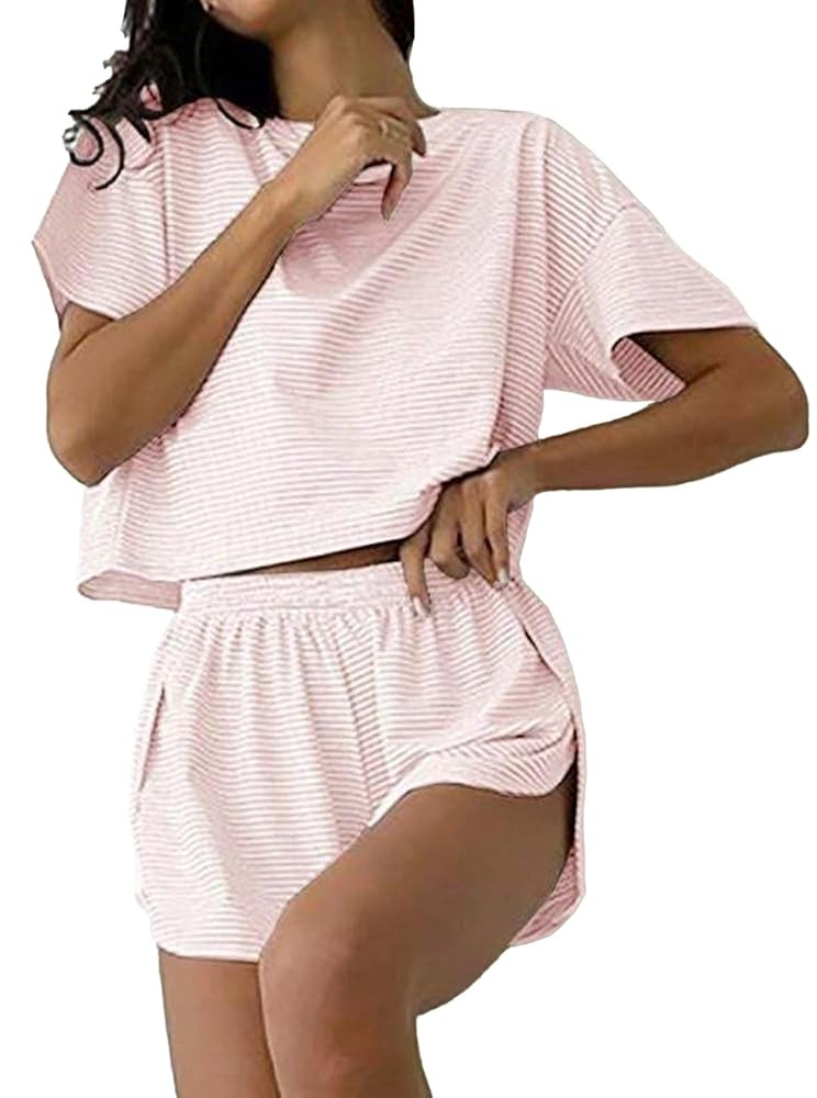 Remidoo Women's Striped Tee Shirts and Shorts Pajamas Set Side Slit Crewneck Loungewear | Amazon (US)
