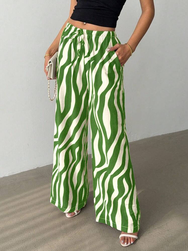 Chiquease Women's Casual Wide Leg Pants With Herringbone Floral Pattern Elastic Waist And Drawstring Casual Outfits Spring Clothes For University Fall Cloth For Women | SHEIN