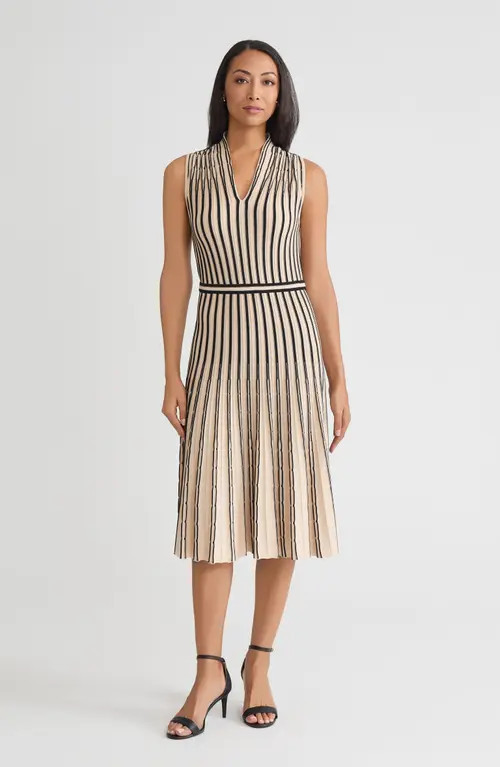 Misook Fit & Flare Sleeveless Striped Soft Ribbed Knit Dress in Biscotti/black at Nordstrom, Size Xx-Large | Nordstrom